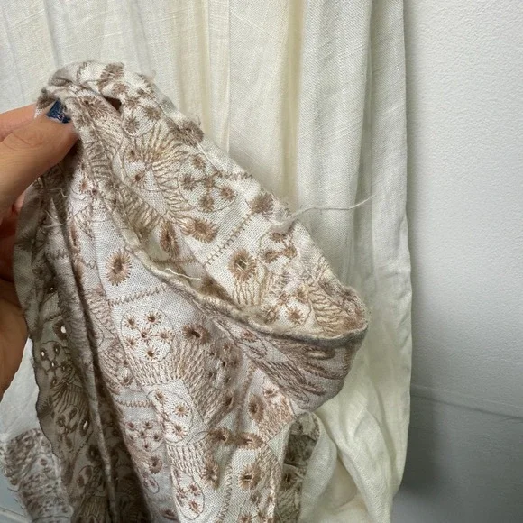 SOLITAIRE White Linen Blend Button Front Dress Embroidered Puff Sleeve Belted - Picture 5 of 9